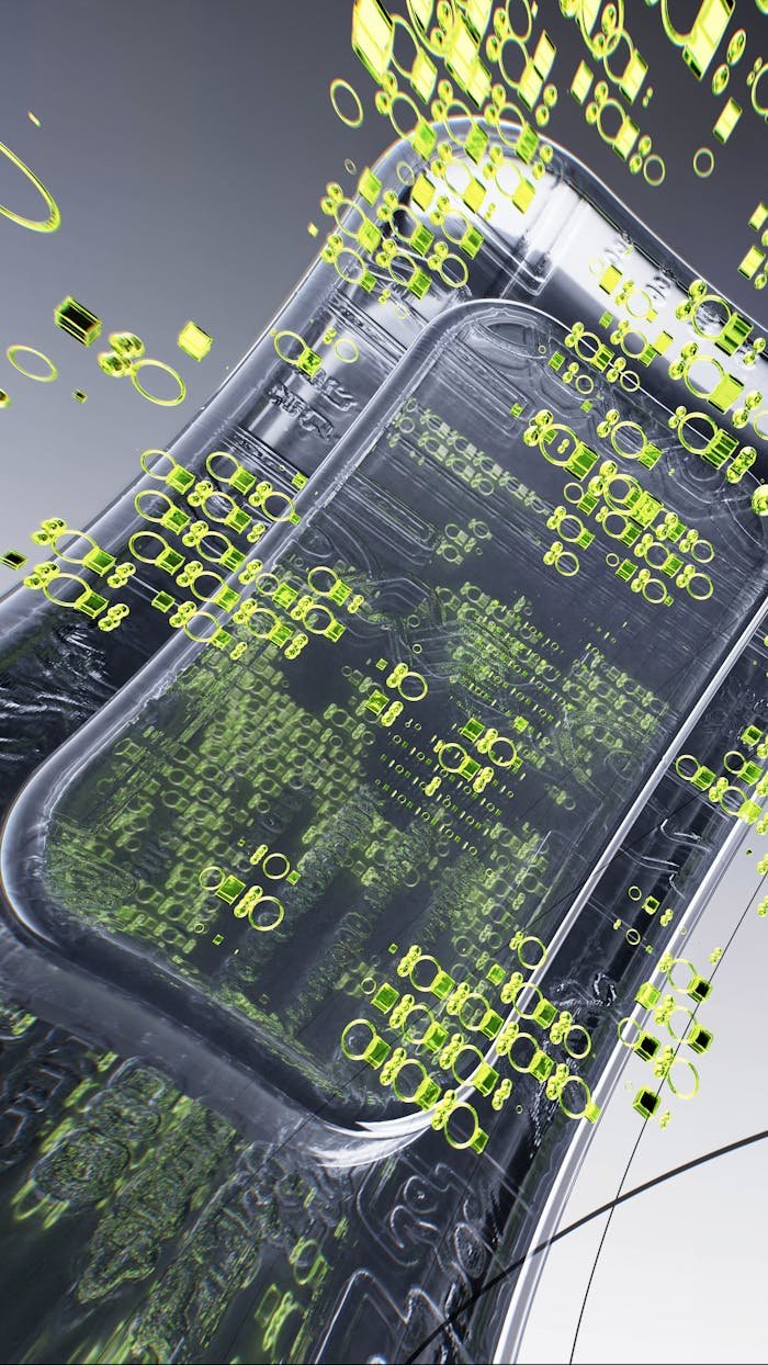 mobile-01 A dynamic 3D illustration showcasing futuristic technology with neon details.