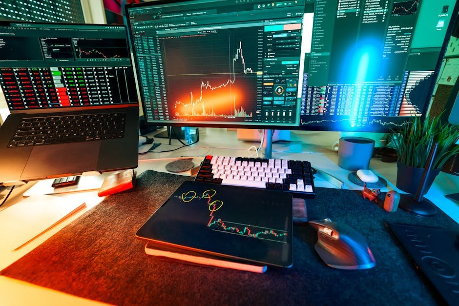 pexels-photo-32299962-32299962 Vibrant trading setup with multiple screens displaying cryptocurrency charts and data analysis tools.