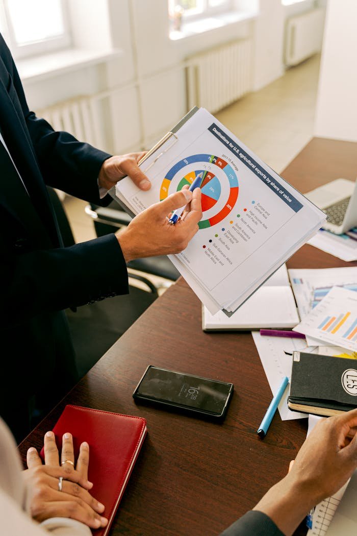 creative-02 Business professionals discussing financial charts during a strategy meeting.